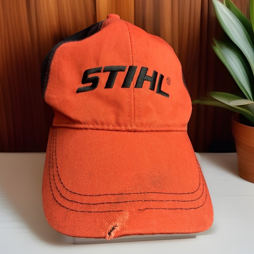 Stihl Chainsaws Adjustable Hat Baseball Cap Blaze Orange Black‎ Distressed